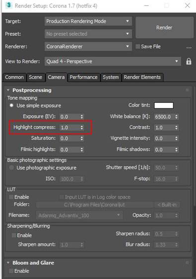 Corona post-processing Highlight compress setting screenshot